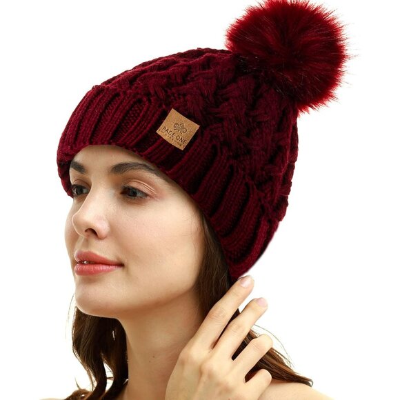 Women’s Wine Red Winter Ribbed Beanie Hat Chunky Cable Knit Pompom Warm - Picture 2 of 6